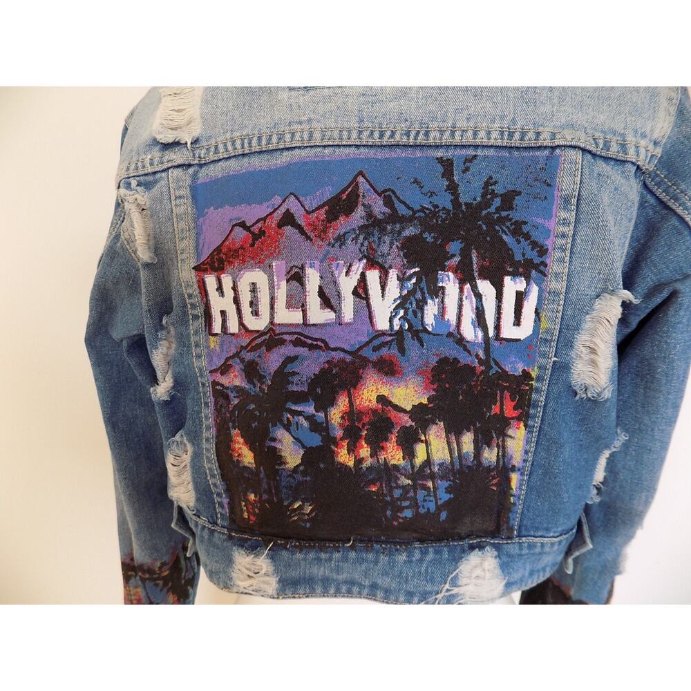American Bazi denim jacket cropped distressed hand painted Hollywood size Small - Picture 6 of 11